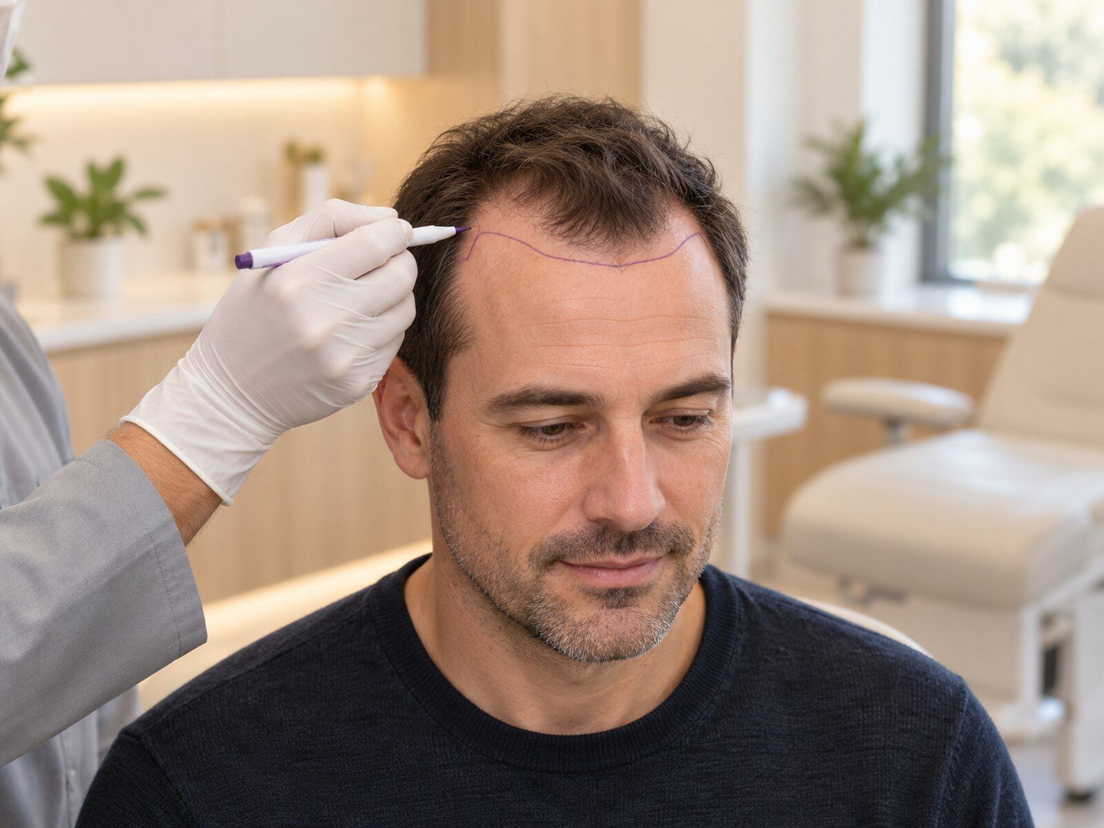 Physician marking a planned hairline on an adult man's forehead in a warm, softly lit clinic.