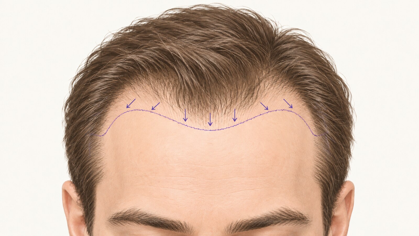 Planned hairline with temple contours and arrows showing forward growth at the center and outward growth at the temples.