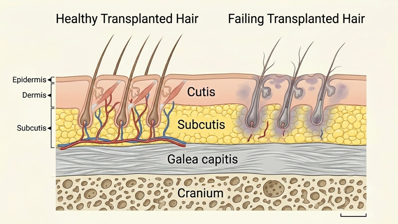 Cross-section of the scalp comparing healthy transplanted follicles with blood supply against failing grafts with none
