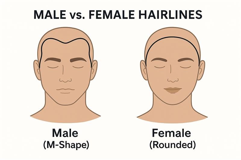 Illustration showing the key differences in a male vs female hairline: a man’s face with an angular, M-shaped hairline on the left and a woman’s face with a rounded hairline on the right
