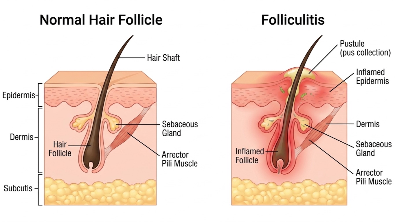Cross-section comparing a normal hair follicle with an inflamed follicle capped by a pustule