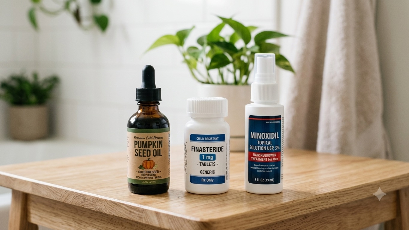 A pumpkin seed oil bottle, a finasteride 1 mg bottle and a minoxidil 5% topical solution on a table