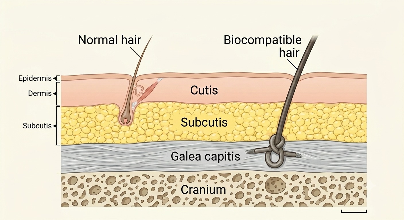 Cross-section of the scalp showing a natural hair follicle in the dermis beside a synthetic fiber knotted below the galea